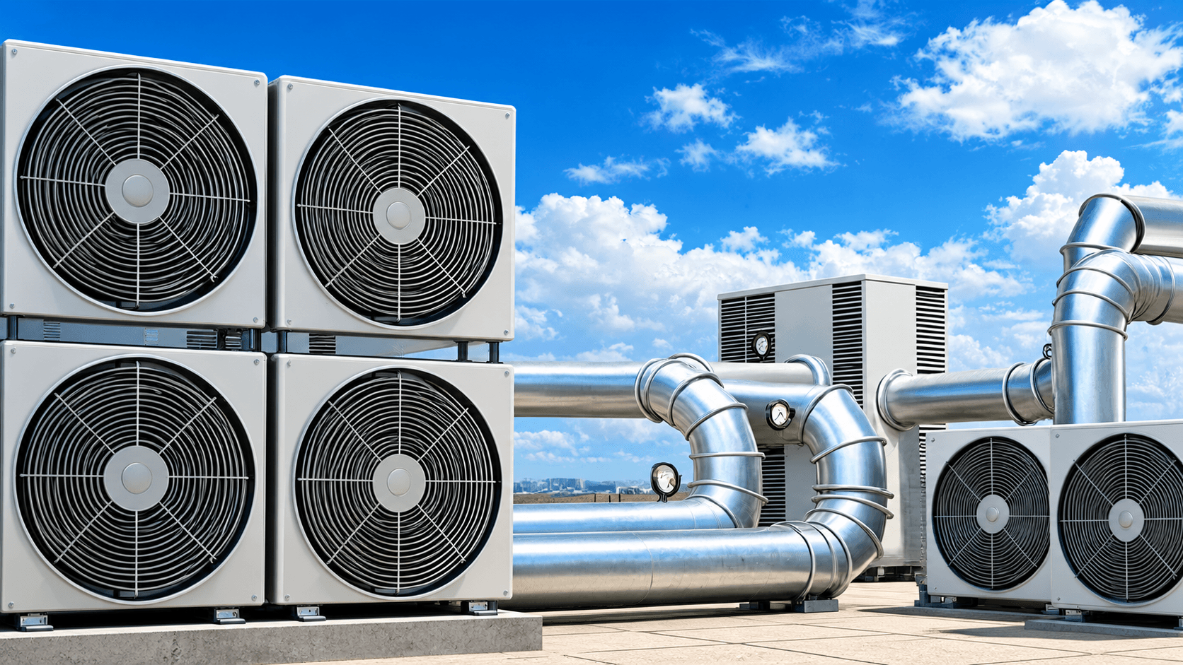 Rooftop HVAC condenser units and ductwork