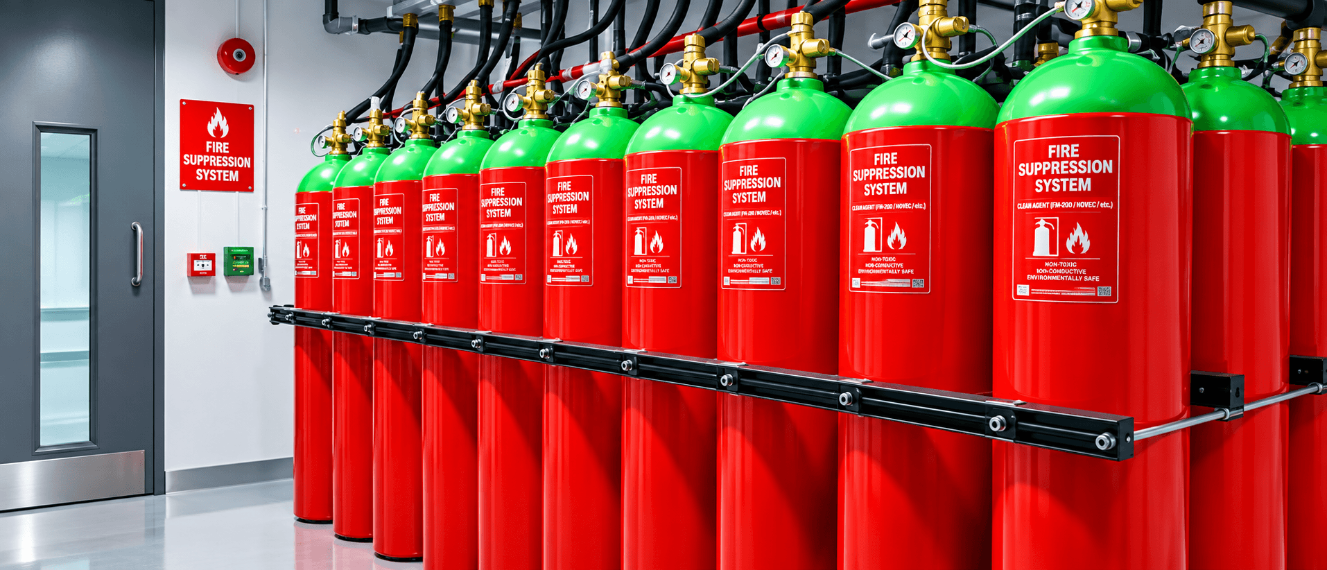 Row of clean agent gas fire suppression system cylinders